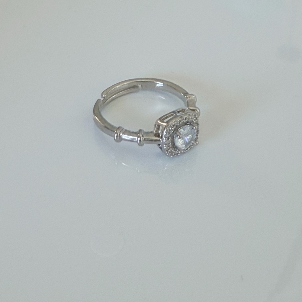 Stainless Steel Halo Cushion-Cut Cubic Zirconia Ring - Adjustable - Picture 4 of 6